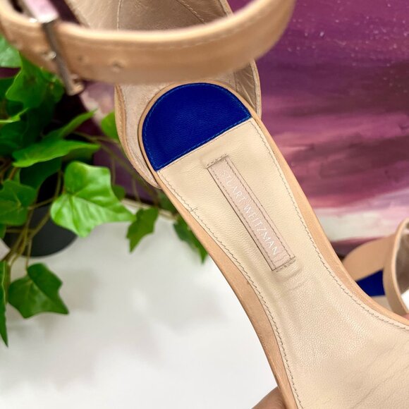 Stuart Weitzman 75 LessNudist Leather Ankle Strap Block Heel Sandals in Beige‎ 6 - Picture 4 of 13